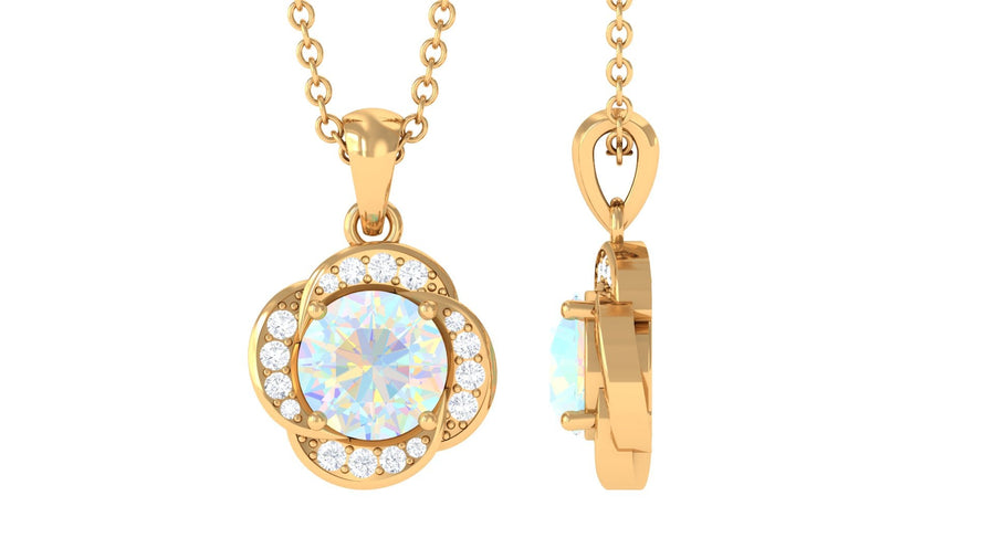 0.8 Carat Round Shape Ethiopian Opal and Diamond Flower Necklace