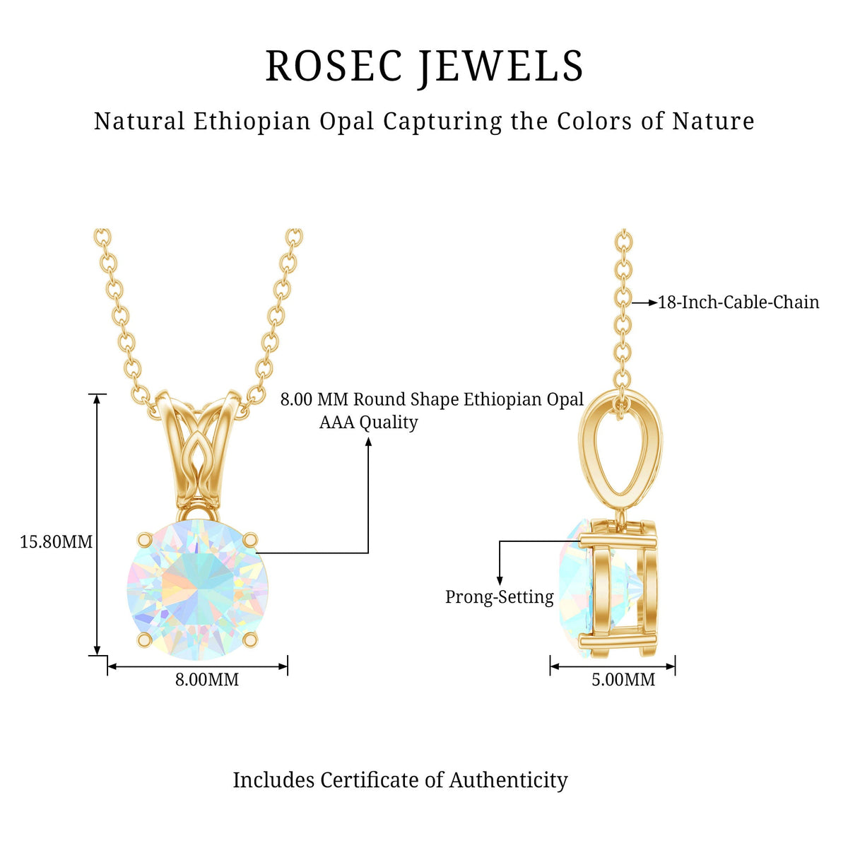 Real Ethiopian Opal Solitaire Pendant Necklace with Chain