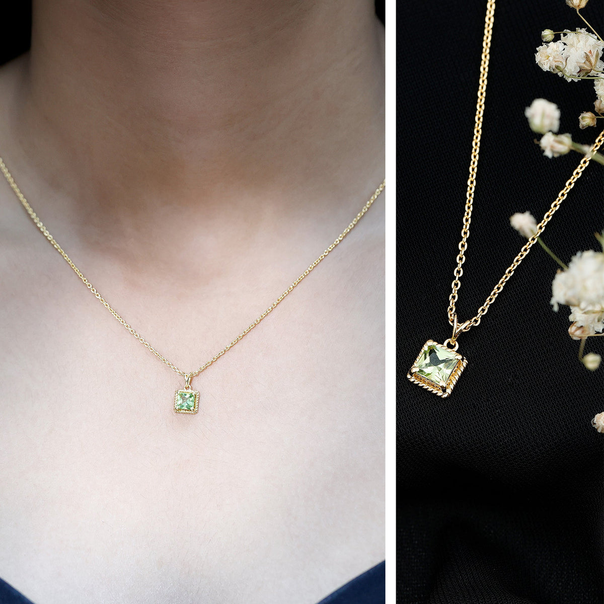 Genuine Princess Cut Peridot Pendant Necklace With Silver Chain