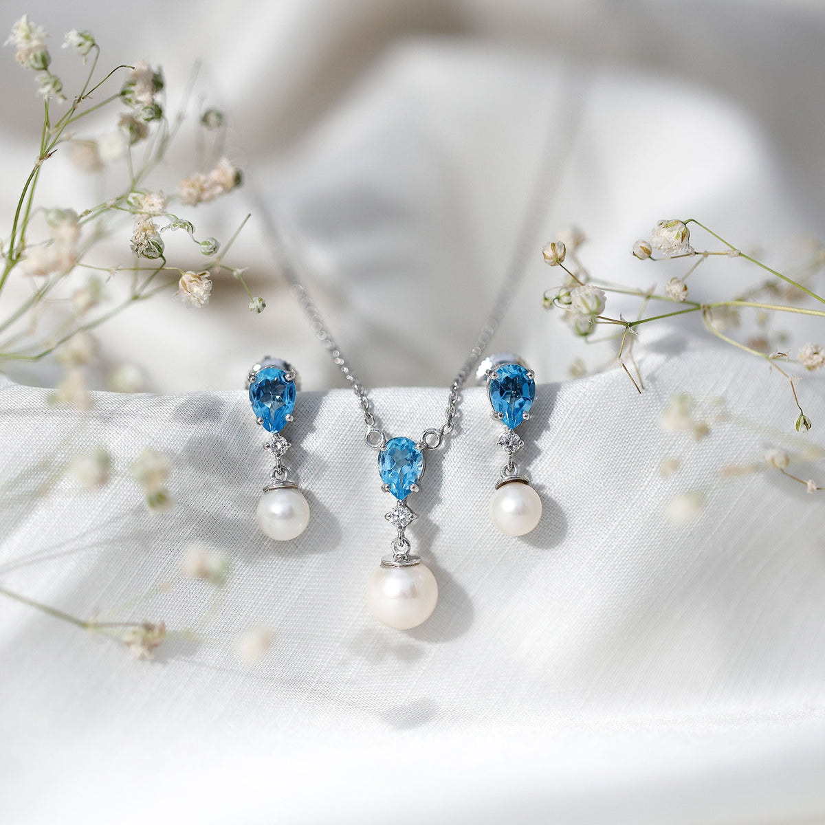 Swiss Blue Topaz and Diamond Jewelry Set with Freshwater Pearl Drop