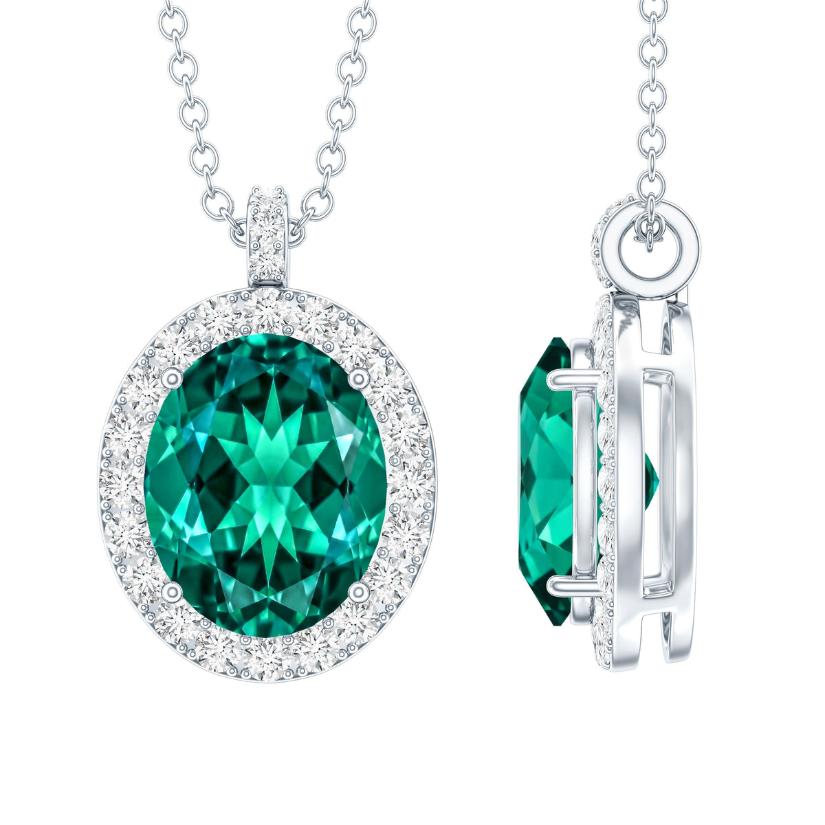 3 Carat Oval Lab Created Emerald Pendant with Diamond Halo