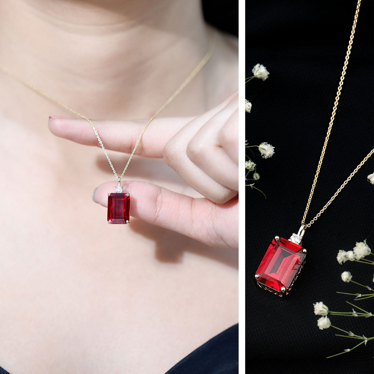 5 Carat Emerald Cut Lab Created Ruby Solitaire Pendant with Diamond