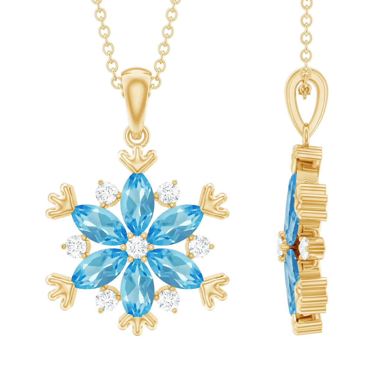 Real Swiss Blue Topaz Snowflake Necklace with Silver Chain