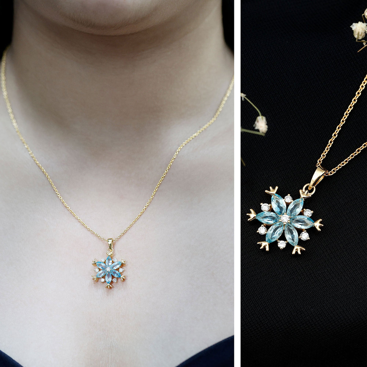 Real Swiss Blue Topaz Snowflake Necklace with Silver Chain