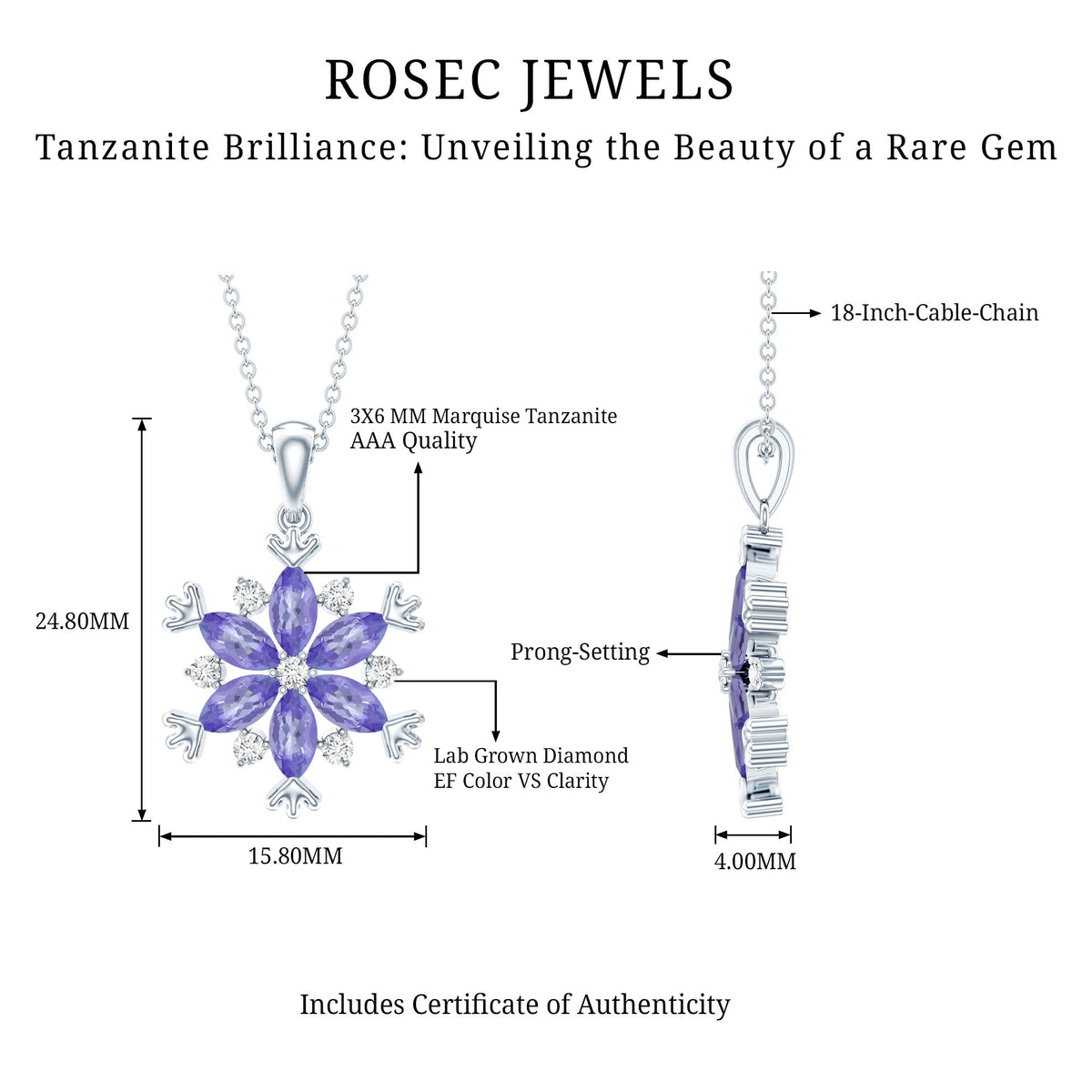 Natural Tanzanite Snowflake Necklace with Lab Diamond