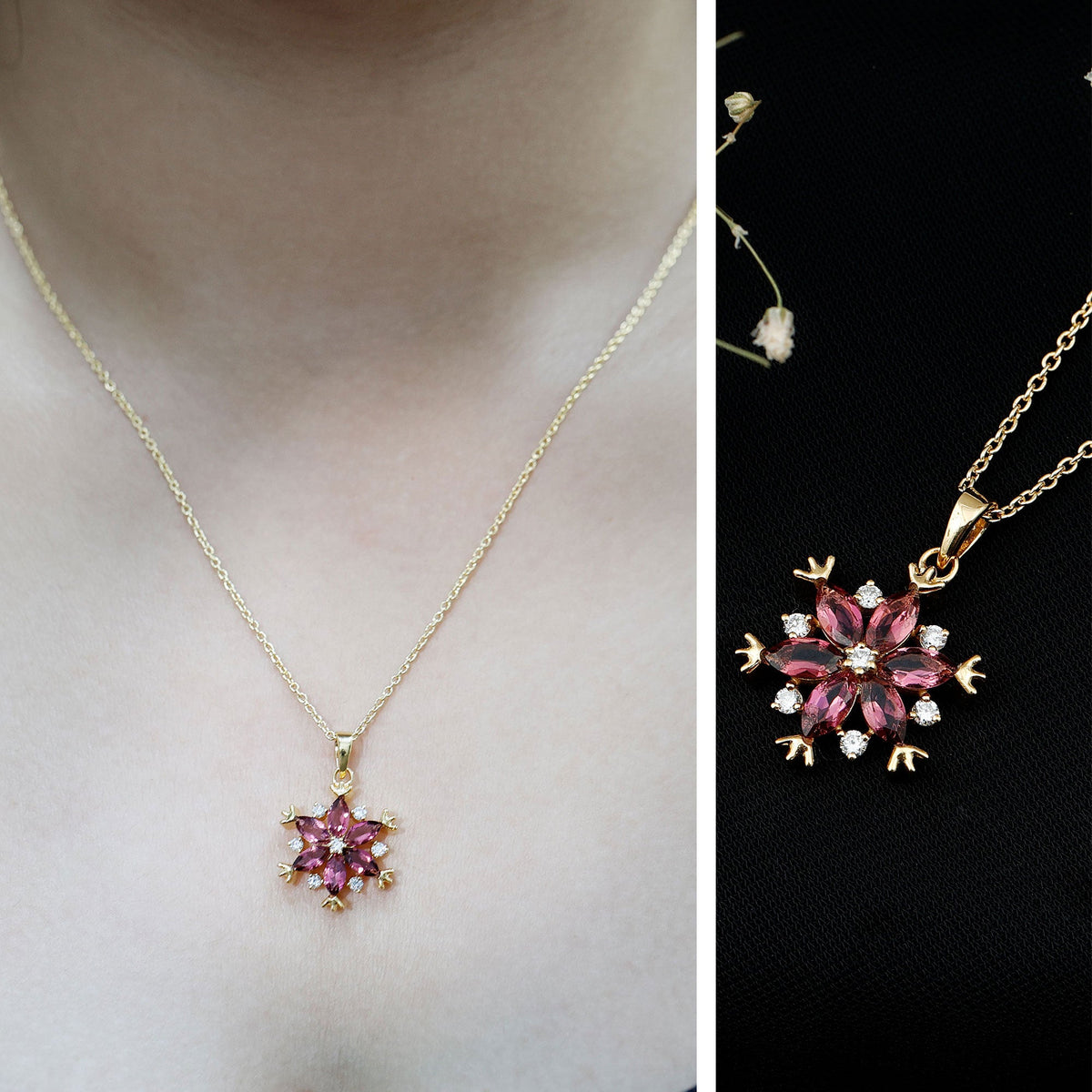 Certified Pink Tourmaline Flower Pendant Necklace with Silver Chain