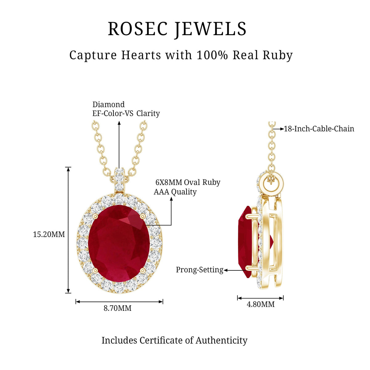 Natural 1.5 Carat Ruby Pendant Necklace with Diamond Halo in Gold Plated Silver