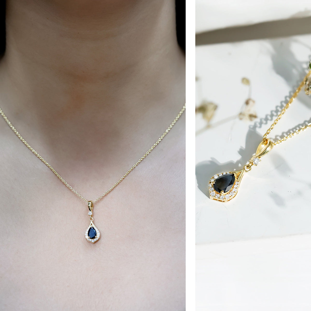 Certified Black and White Diamond Teardrop Necklace with Silver Chain