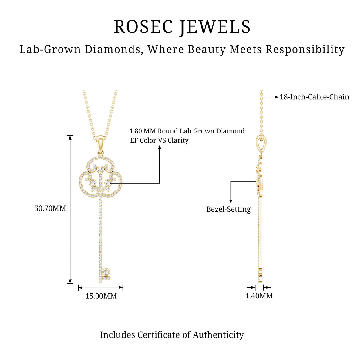 Certified Lab Created Diamond Vintage Style Key Necklace