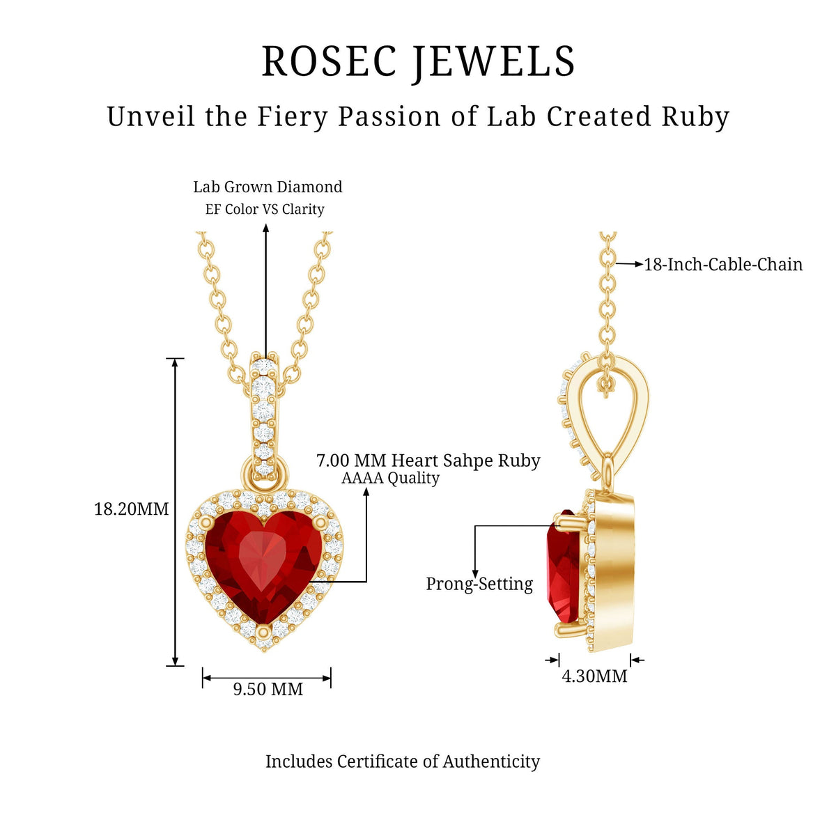 Certified 1.6 Carat Lab Created Ruby Heart Necklace with Diamond Halo