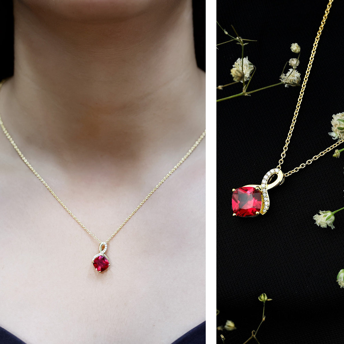 Certified Cushion Cut 2 Carat Lab Grown Ruby Infinity Necklace with Chain