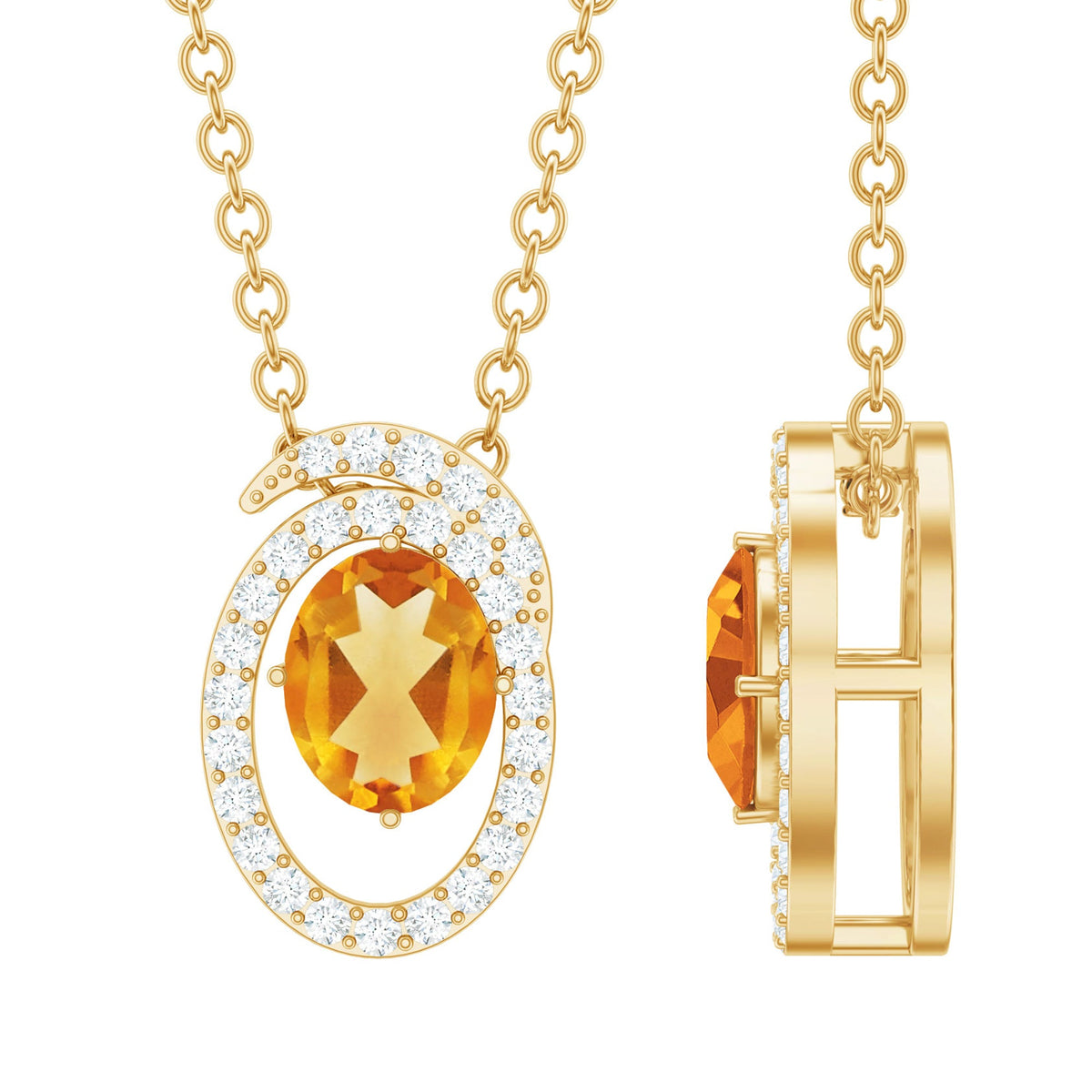 Genuine Oval Shape Citrine Necklace with Lab Diamond in Yellow Gold Plated Silver