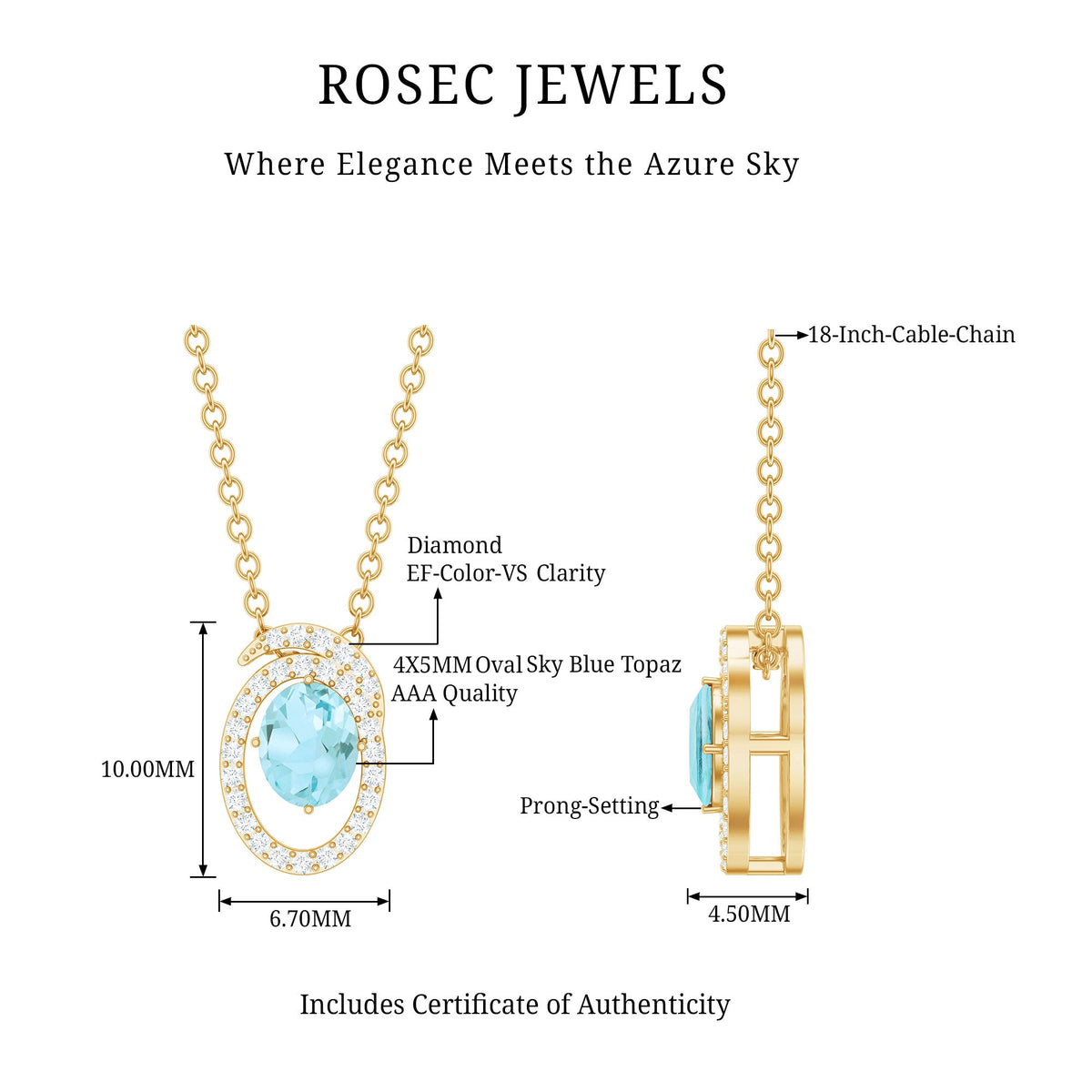 Natural Oval Sky Blue Topaz Diamond Necklace with Silver Chain