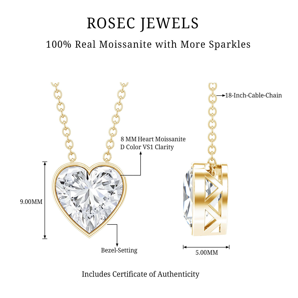 2 Carat Heart Shape Moissanite Solitaire Necklace in Bezel Setting