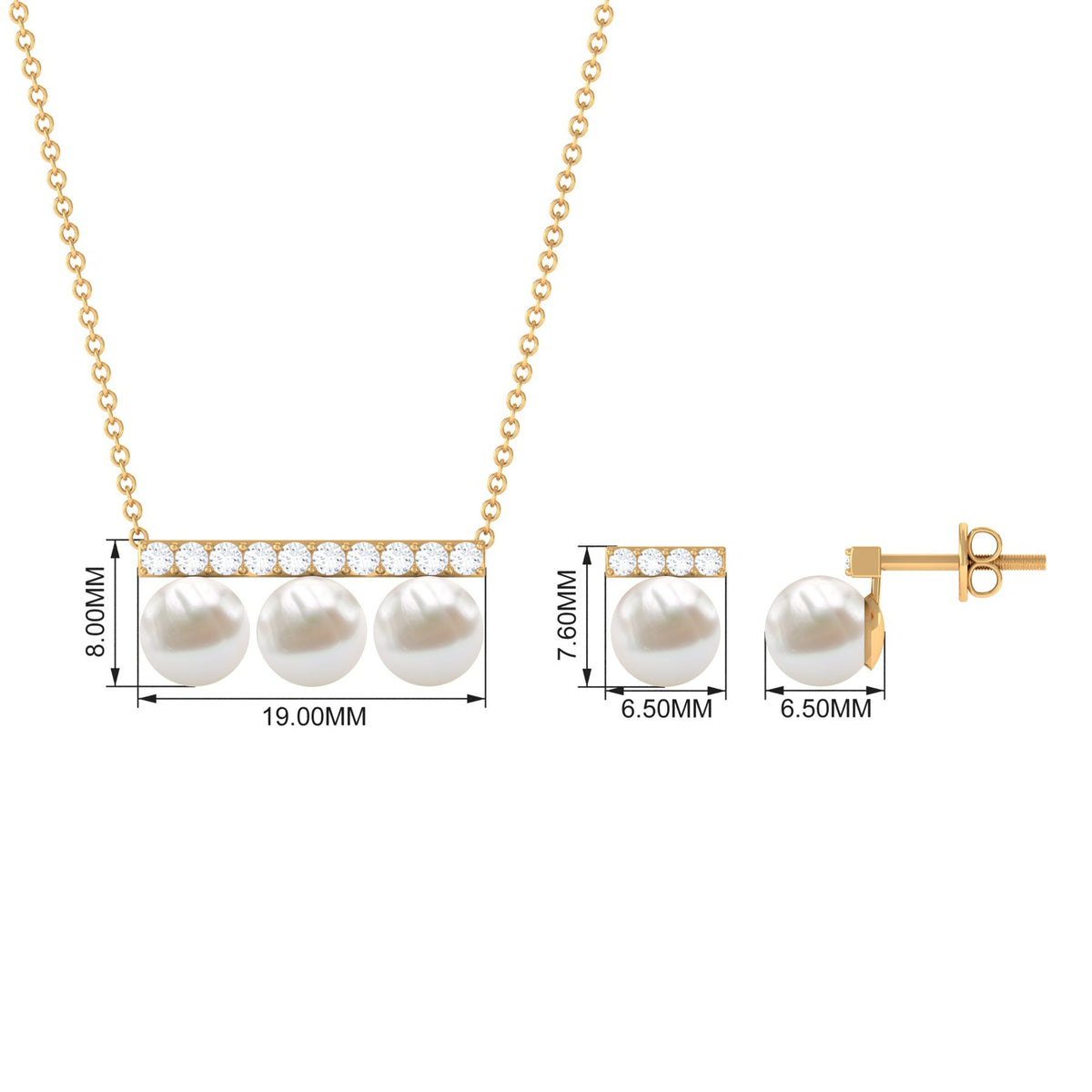 Freshwater Pearl Classic Three Stone Bar jewelry Set with Diamond
