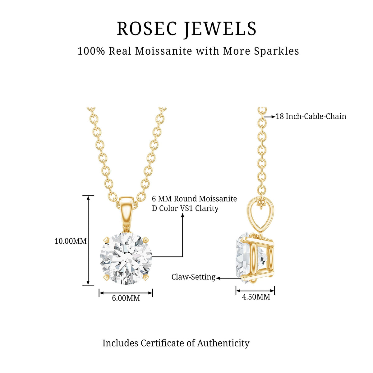 0.9 Carat Certified Moissanite Solitaire Pendant in Claw Set