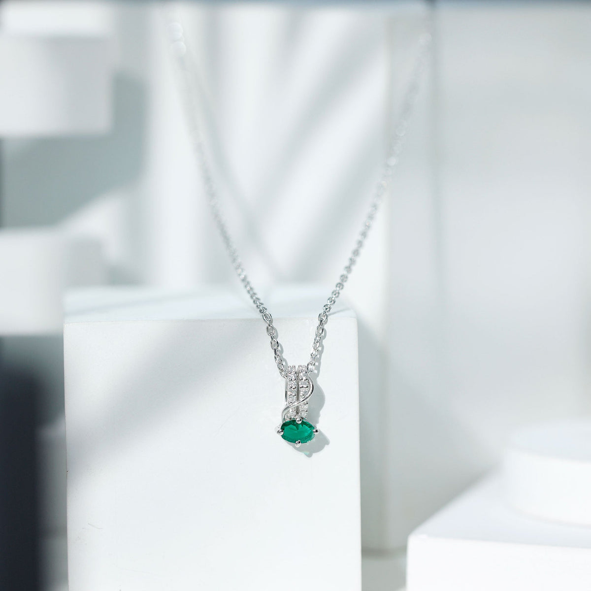Oval Shaped Lab Emerald East West Necklace with Moissanite