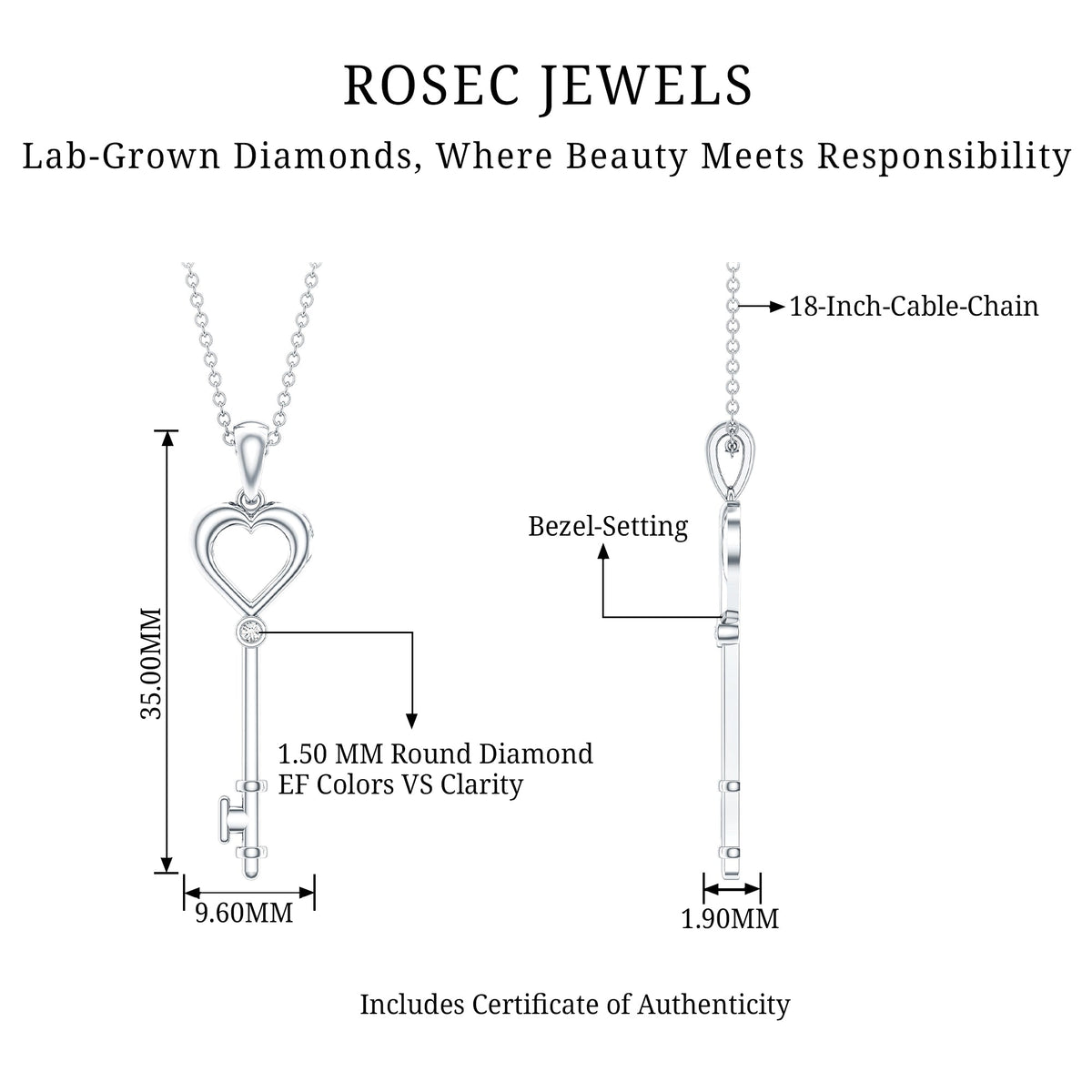 Diamond Heart Key Pendant Necklace For Women