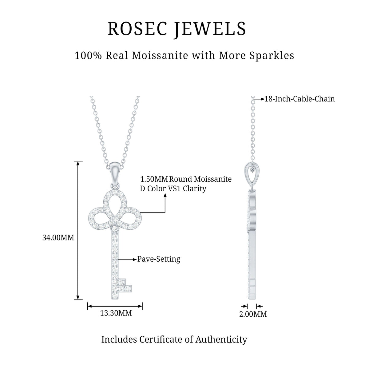 Certified Moissanite Key Pendant Necklace for her