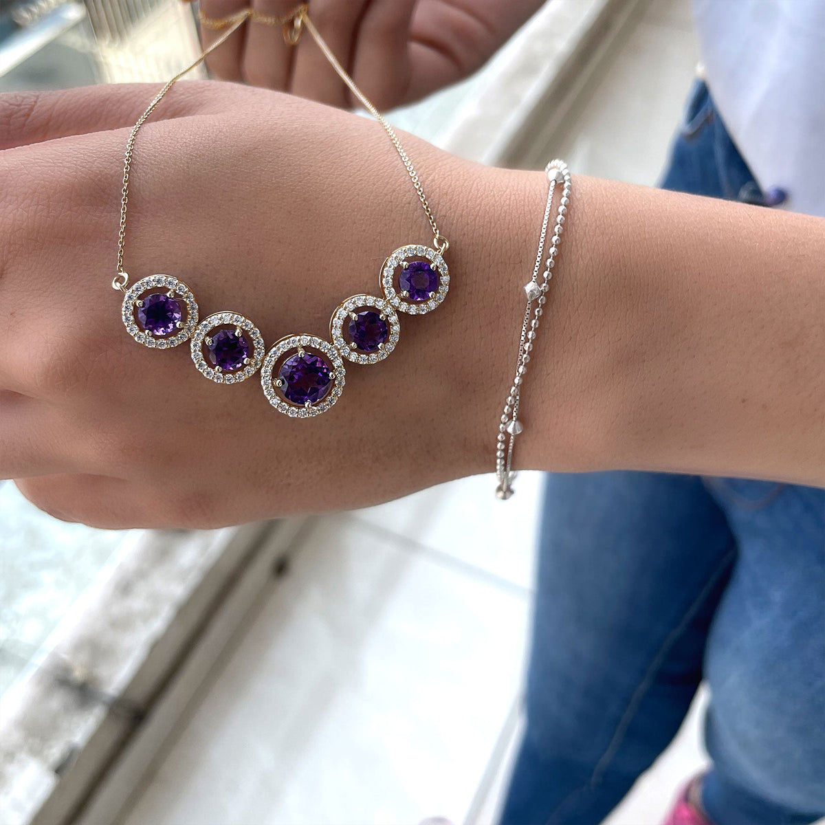 Natural Amethyst Bridal Necklace with Moissanite Halo