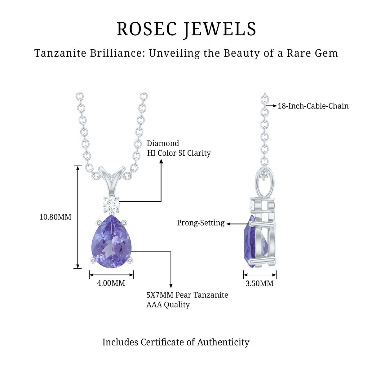Real Tanzanite Teardrop Pendant Necklace with Diamond