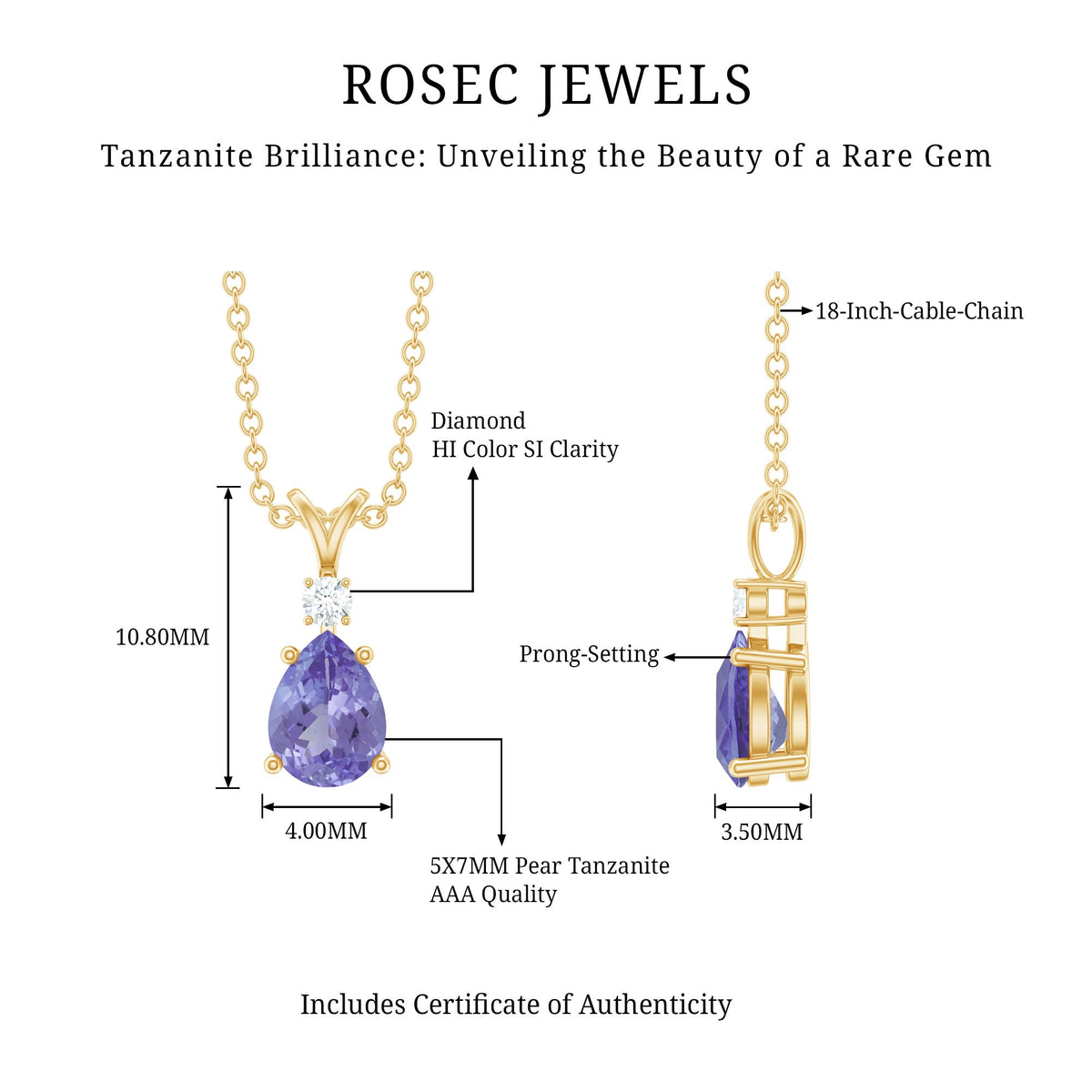 Real Tanzanite Teardrop Pendant Necklace with Diamond