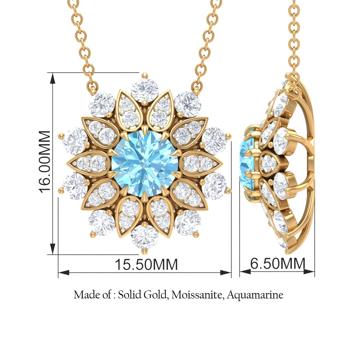 Certified Real Aquamarine Statement Flower Necklace with Moissanite