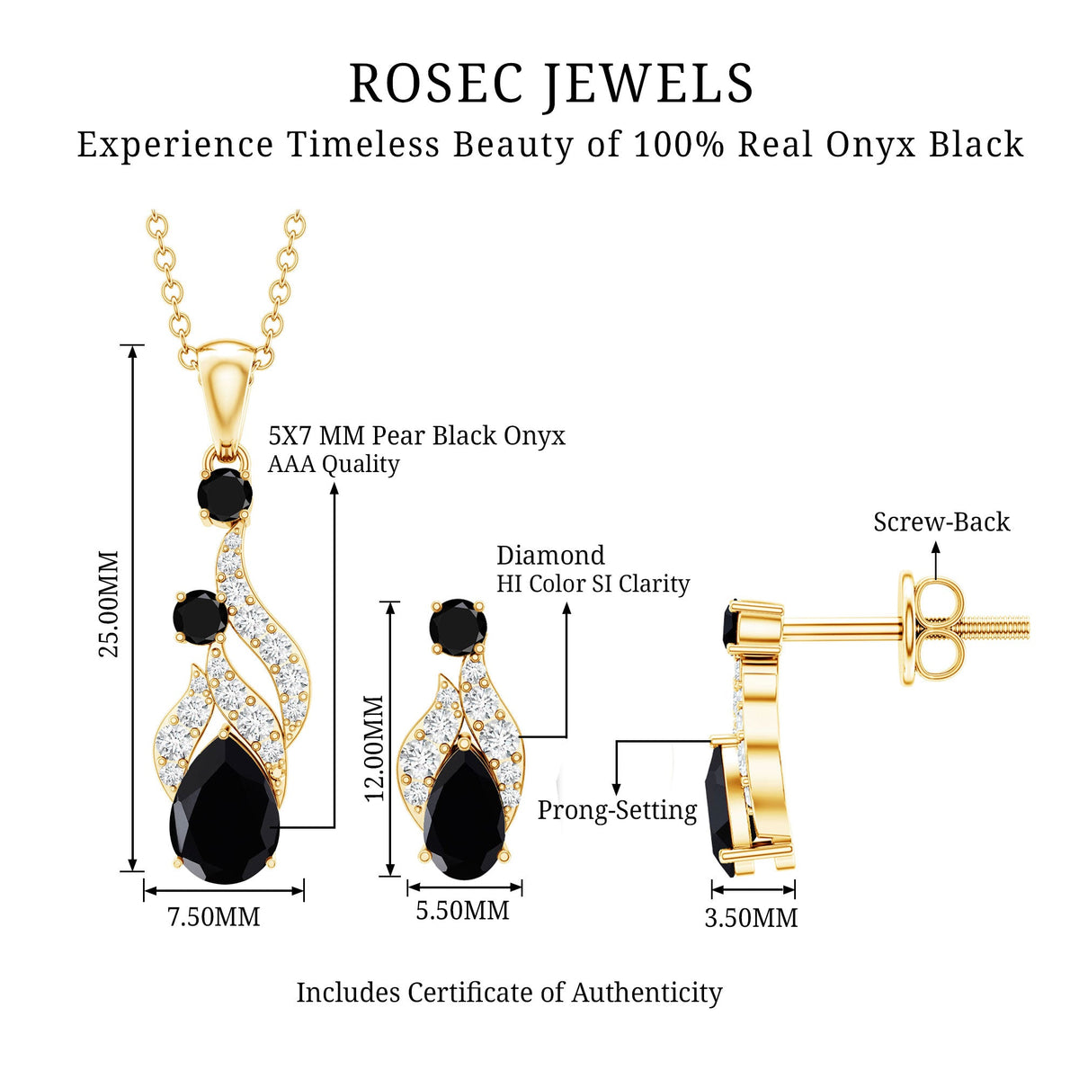 Natural Black Onyx Drop Pendant and Earrings Set with Diamond