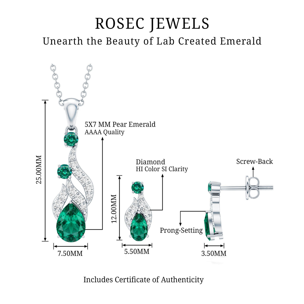 Lab Created Emerald and Diamond Designer Jewelry Set