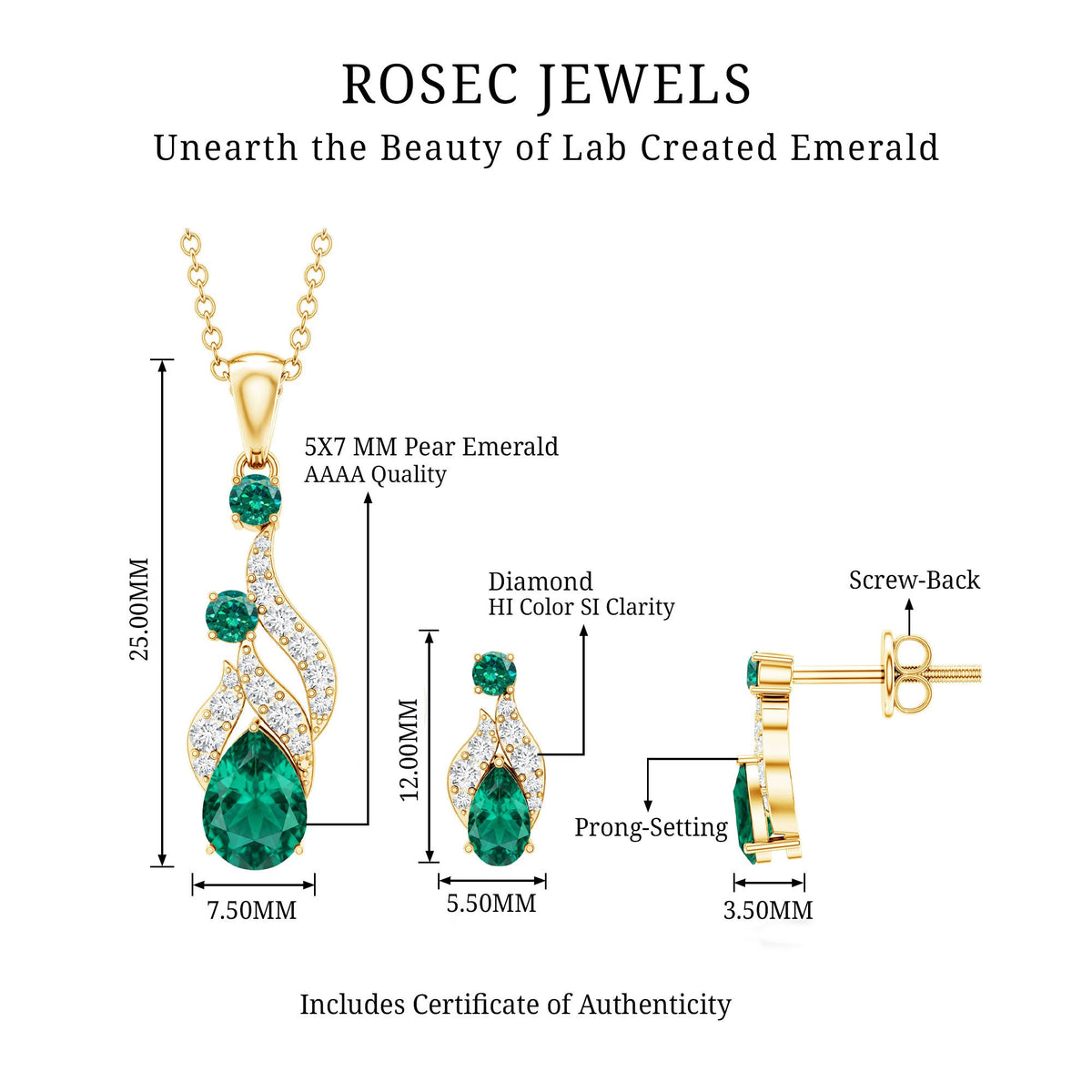 Lab Created Emerald and Diamond Designer Jewelry Set