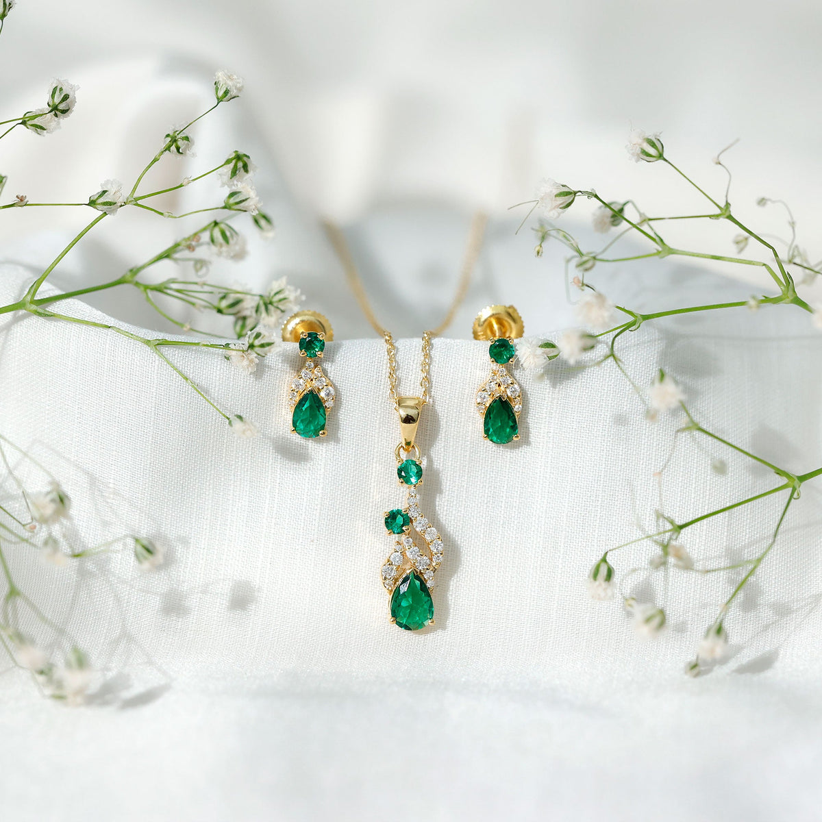 Lab Created Emerald and Diamond Designer Jewelry Set