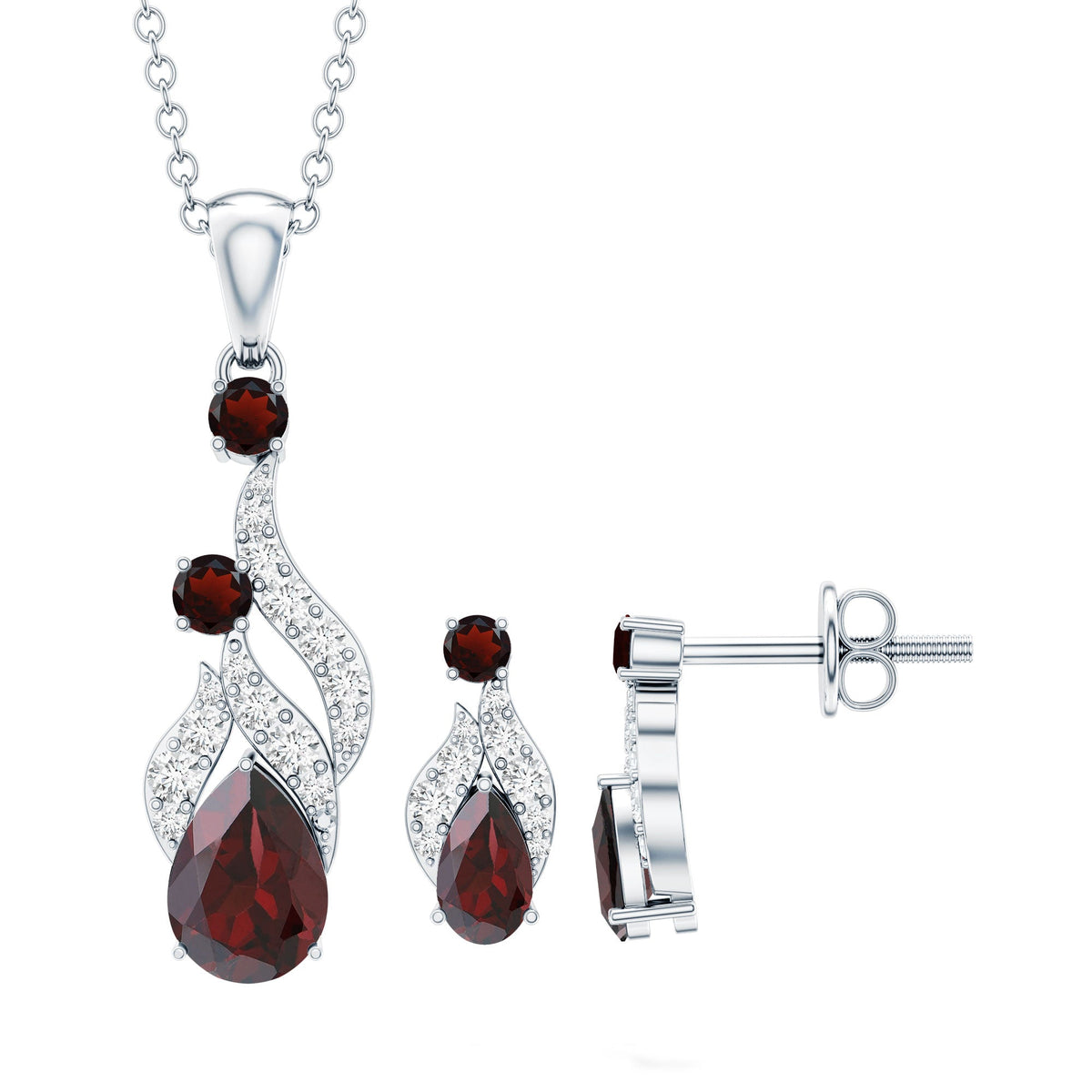 Garnet and Diamond Bridal Dangle Pendant and Earrings Set