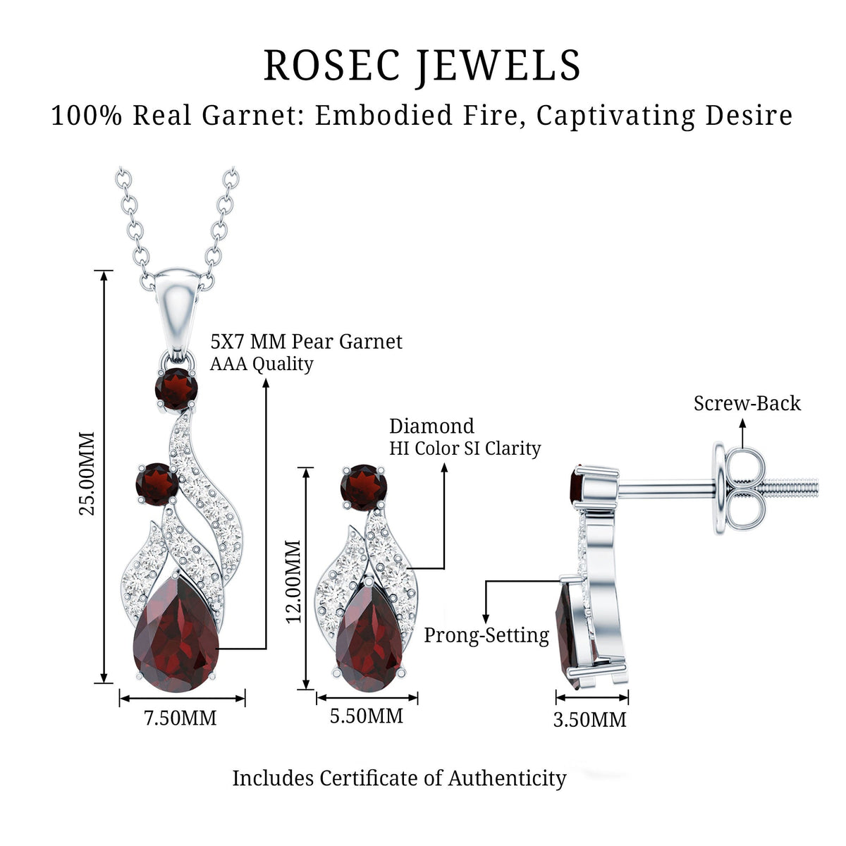 Garnet and Diamond Bridal Dangle Pendant and Earrings Set