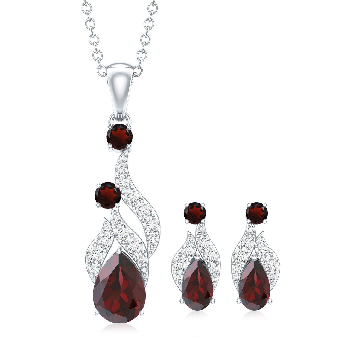Garnet and Diamond Bridal Dangle Pendant and Earrings Set