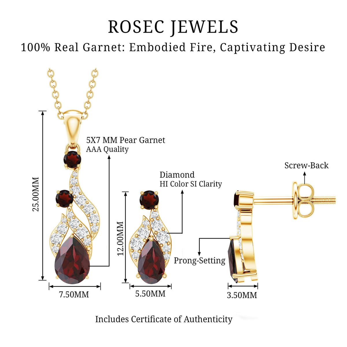 Garnet and Diamond Bridal Dangle Pendant and Earrings Set