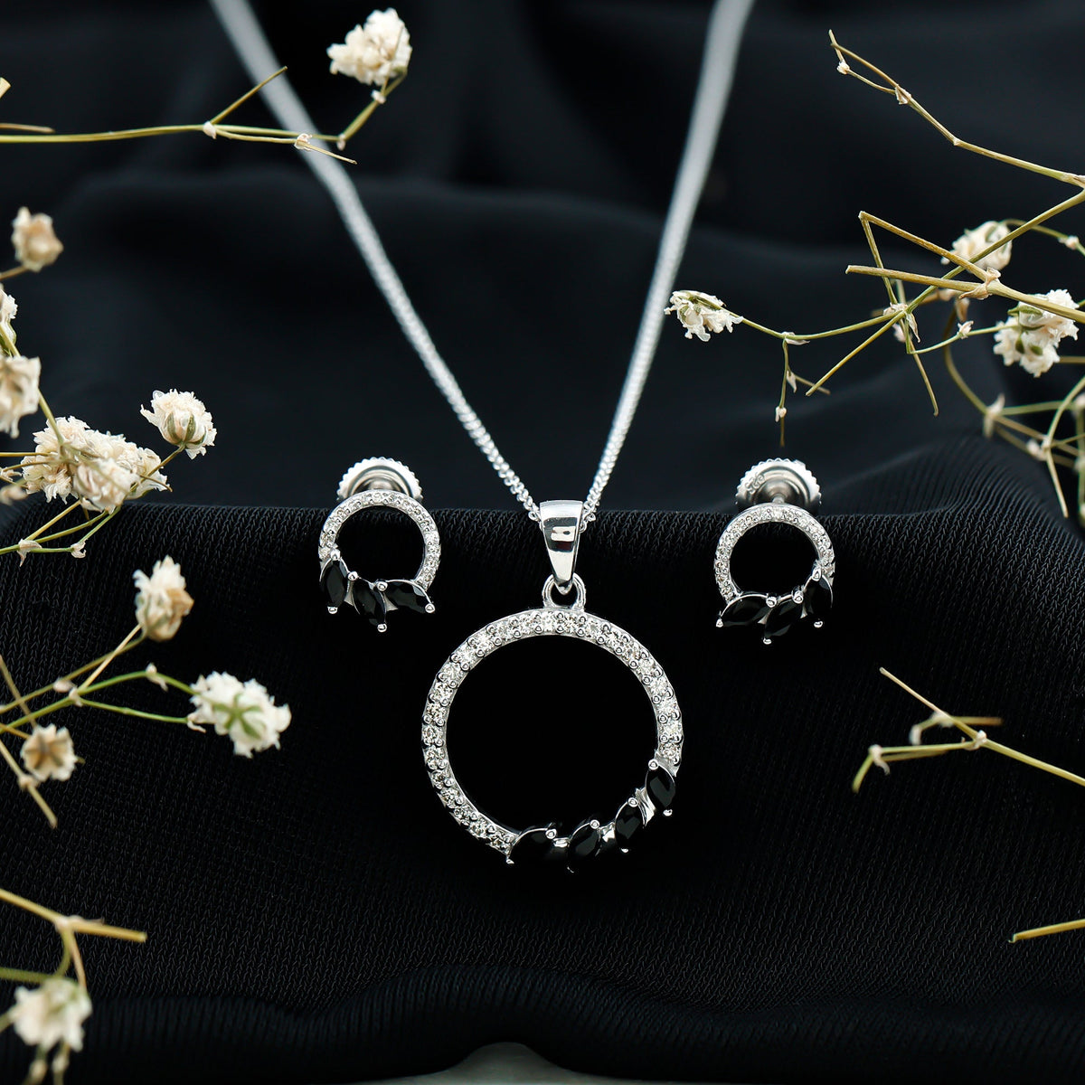 Marquise Cut Black Onyx and Diamond Eternity Jewelry Set