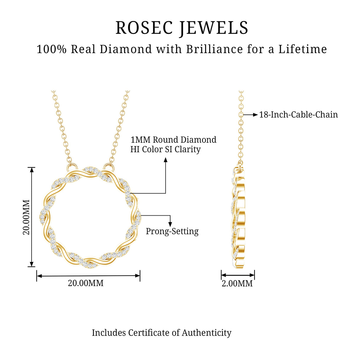 Diamond Twisted Eternity Necklace in Pave Setting