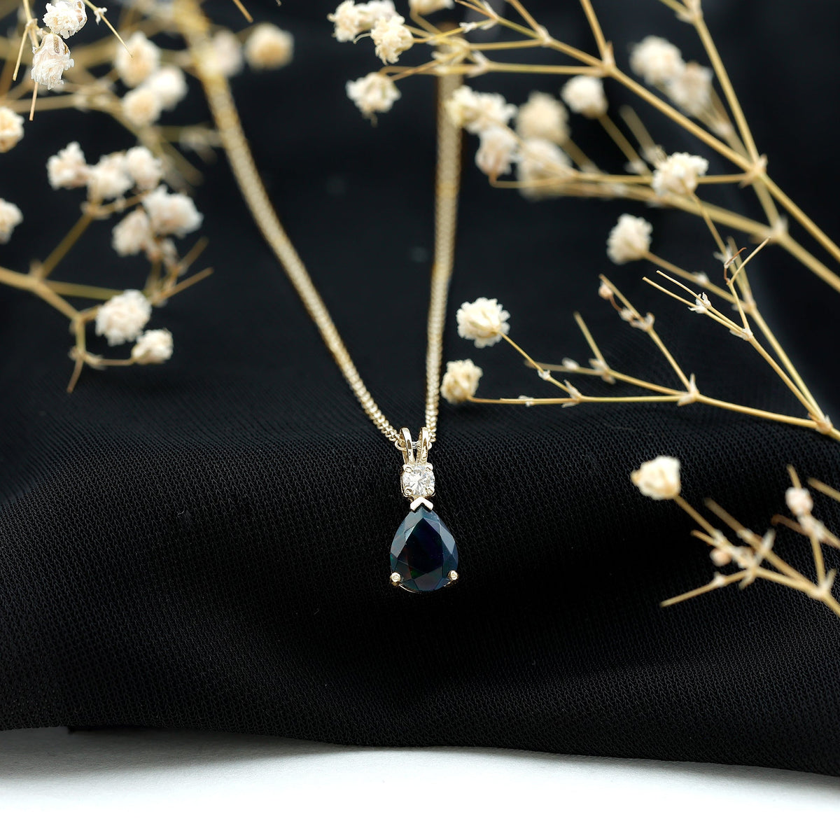 Pear Shaped Black Opal Drop Pendant with Diamond