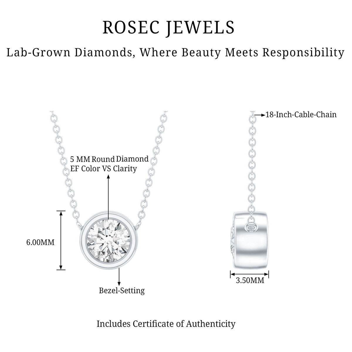 Bezel Set Lab 5 MM Round Diamond Solitaire Necklace