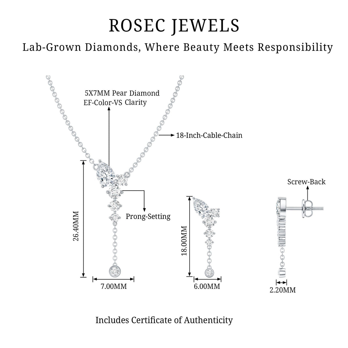Certified Lab Grown Diamond Designer Necklace and Earrings Set