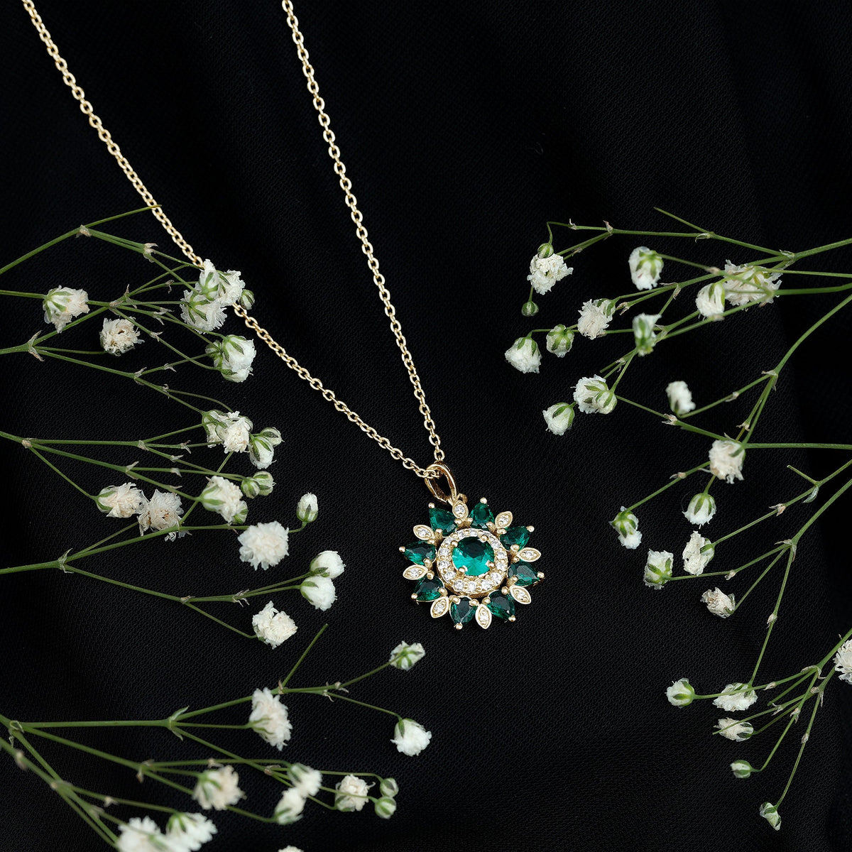 Lab Created Emerald and Diamond Flower Necklace