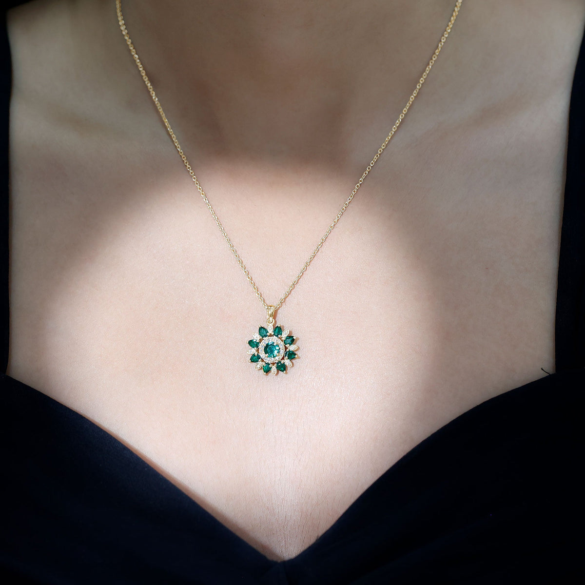 Lab Created Emerald and Diamond Flower Necklace