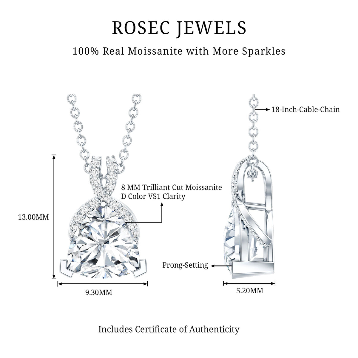Trilliant Cut 1.6 CT Moissanite Designer Necklace with Silver Chain