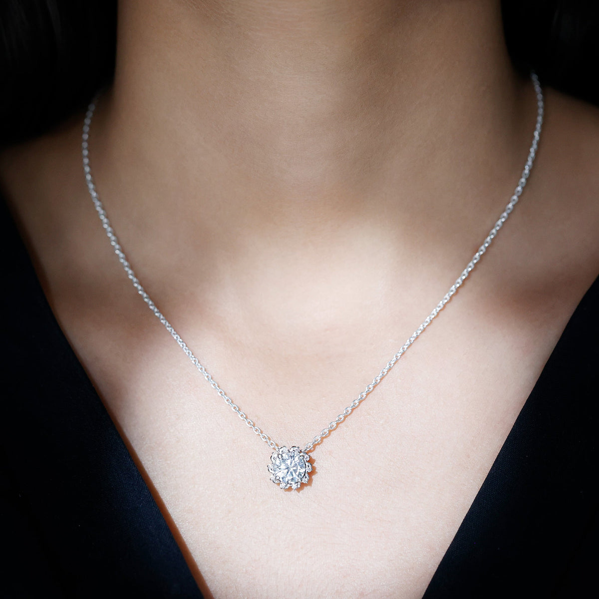 Certified 2 Carat Round Moissanite Sunburst Necklace With Silver Chain