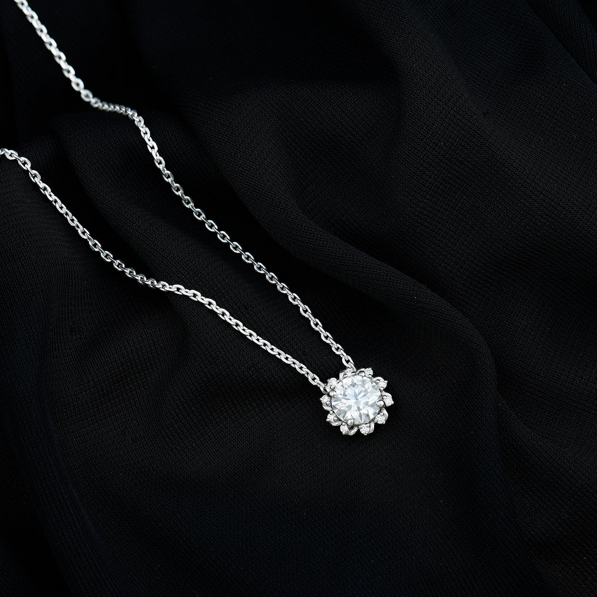 Certified 2 Carat Round Moissanite Sunburst Necklace With Silver Chain
