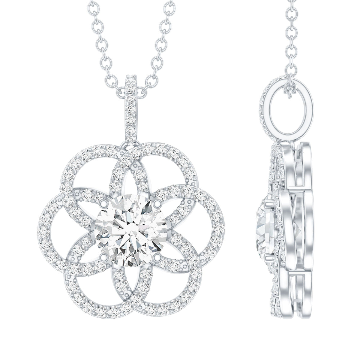 Certified Moissanite Flower Necklace with Silver Chain