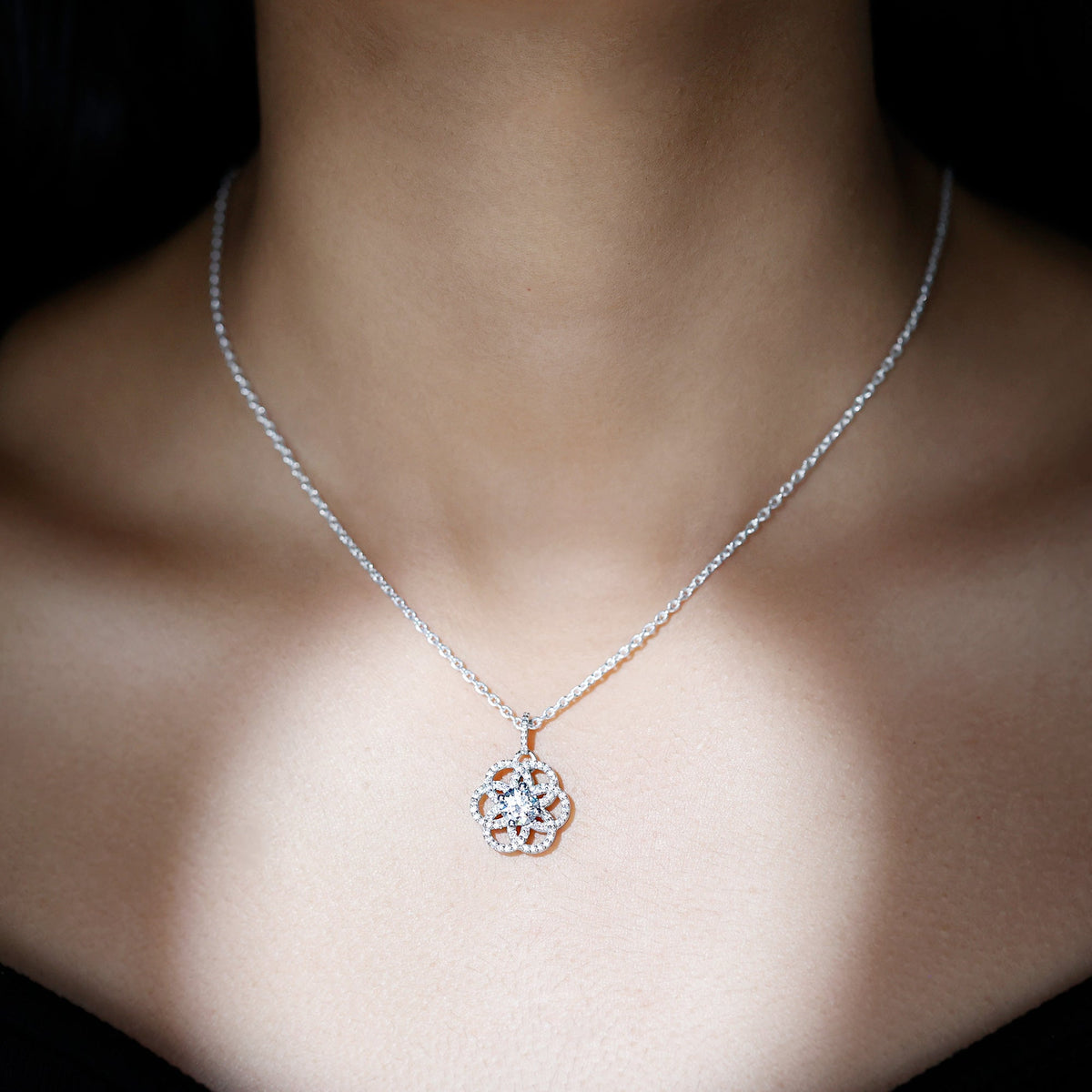 Certified Moissanite Flower Necklace with Silver Chain