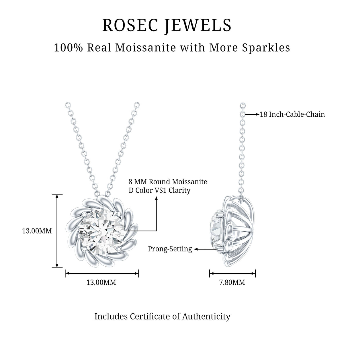 Certified 2 Carat Moissanite Solitaire Necklace with Silver Chain
