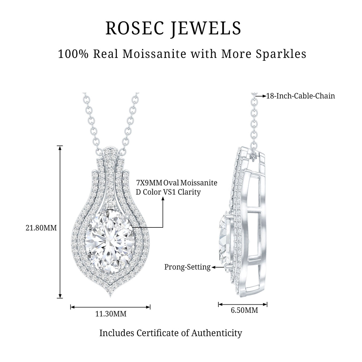 Certified 2 Carat Oval Moissanite Statement Wedding Necklace with Chain