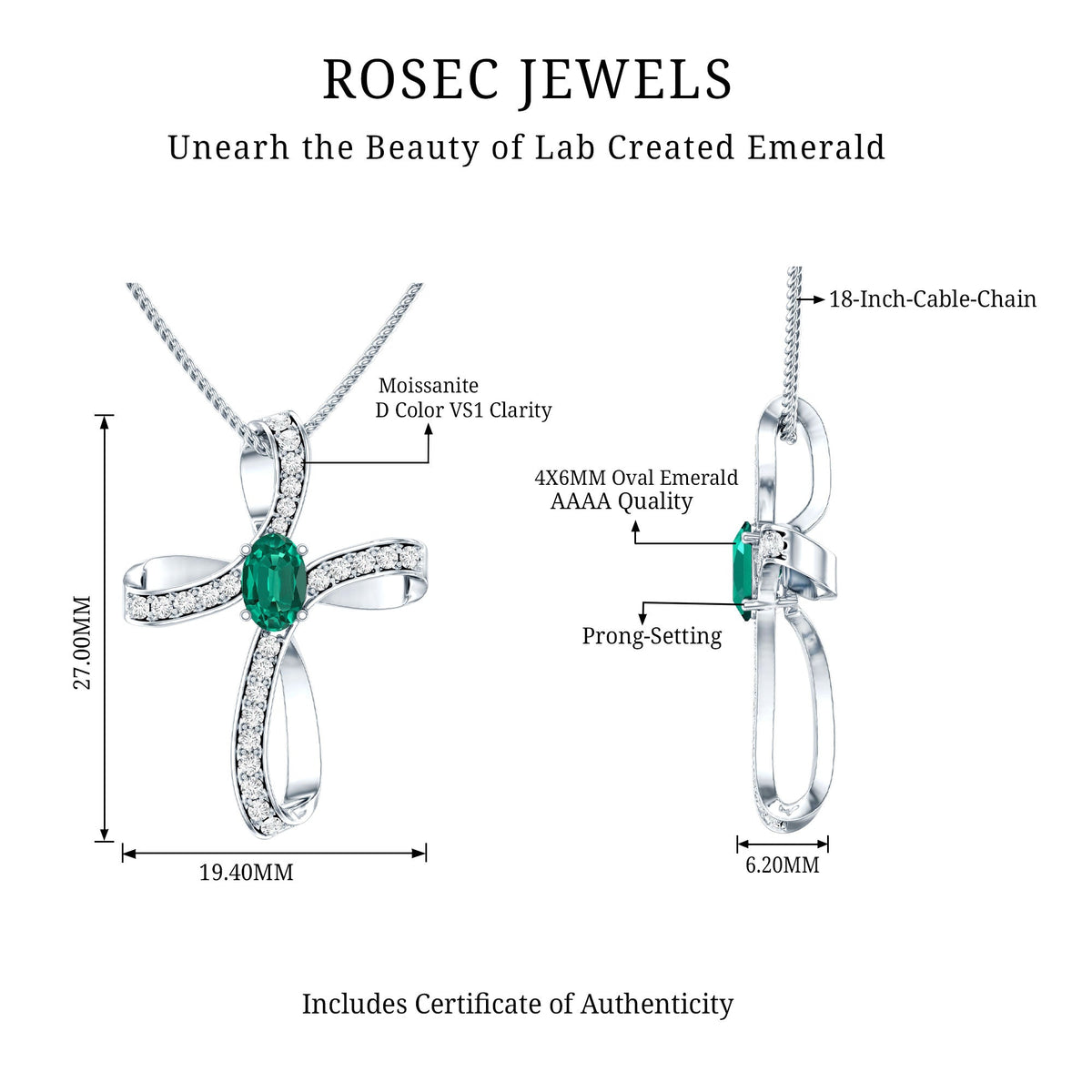 Certified Lab Grown Emerald Christian Cross Necklace With Silver Chain